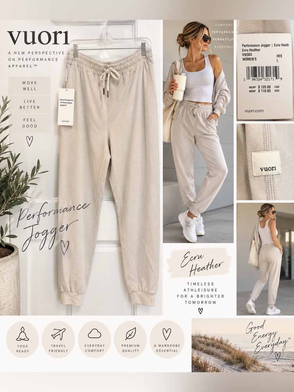 Vuori Performance Jogger Ecru Heather Women’s Large NWT $110